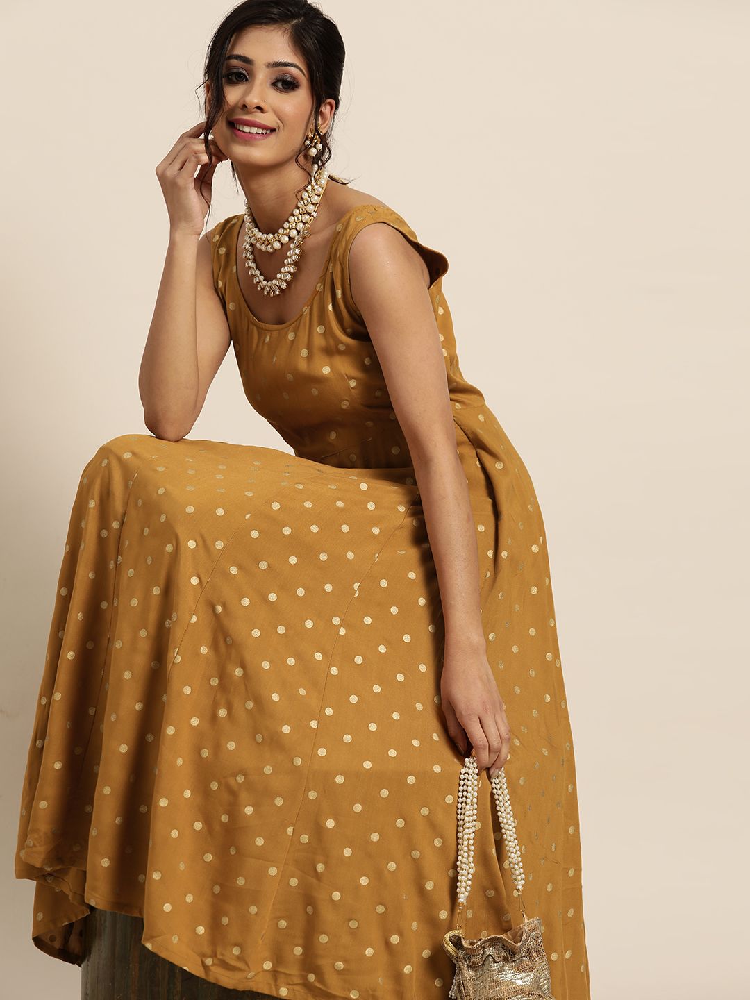 Shae by SASSAFRAS Women Brown & Golden Printed Maxi Dress Price in India