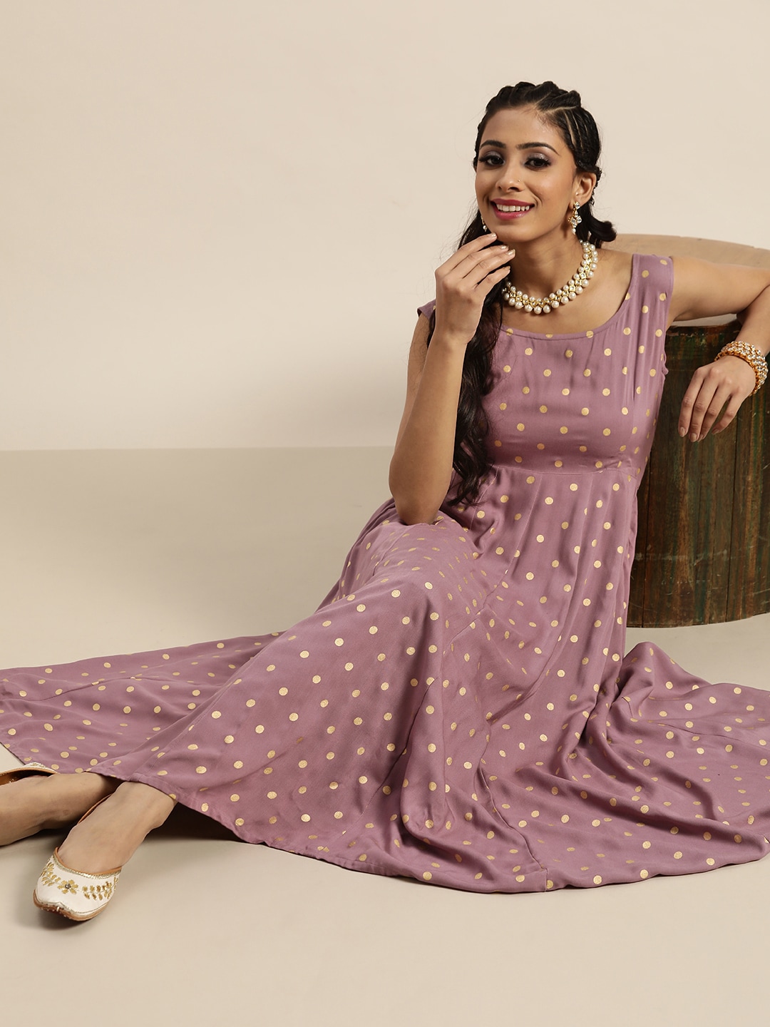 Shae by SASSAFRAS Women Lavender & Golden Liva Foil Printed A-Line Dress Price in India