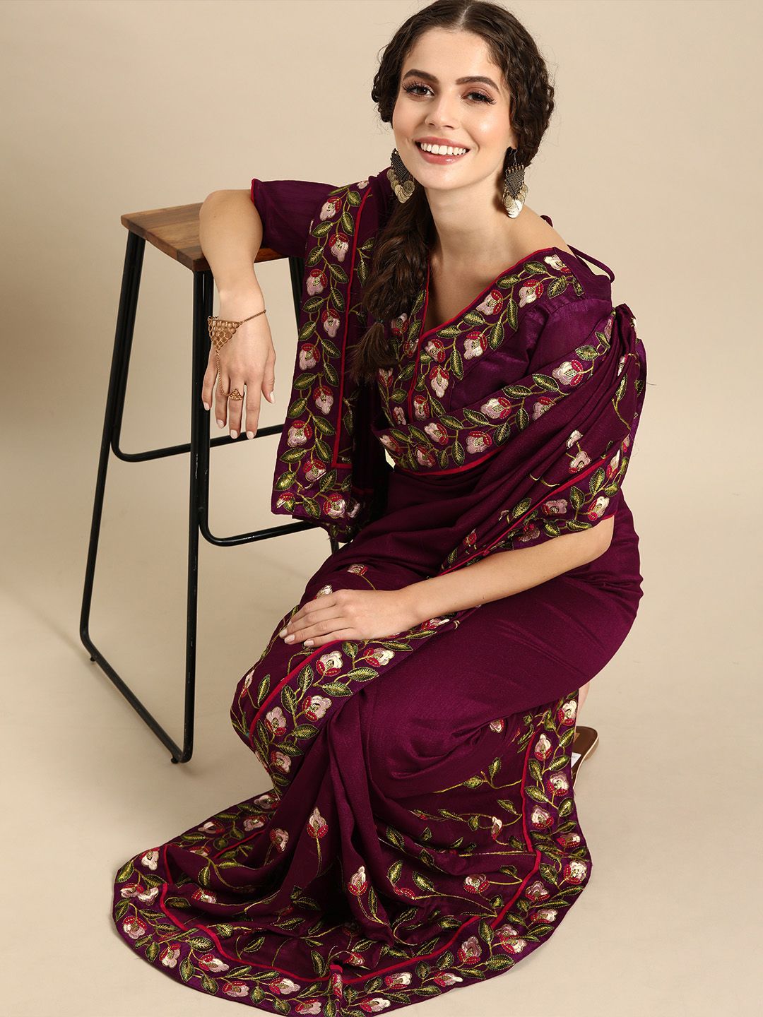 Sangria Burgundy & Cream-Coloured Silk Blend Embroidered Saree