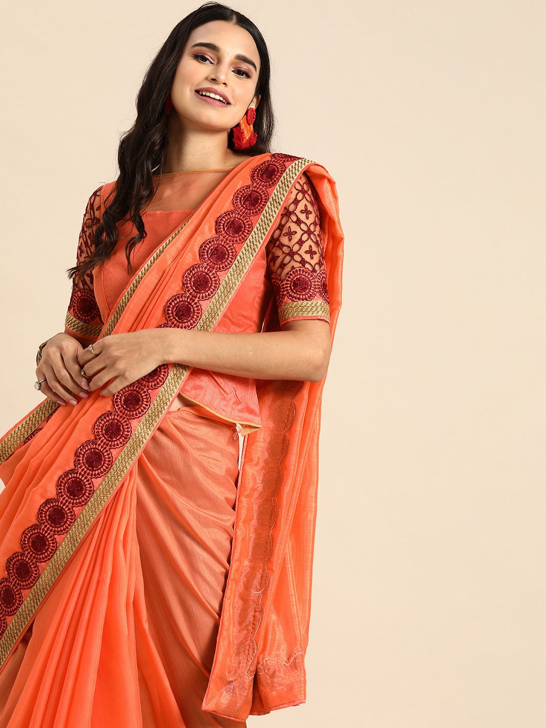 Sangria Peach-Coloured Solid Silk Blend Saree Price in India