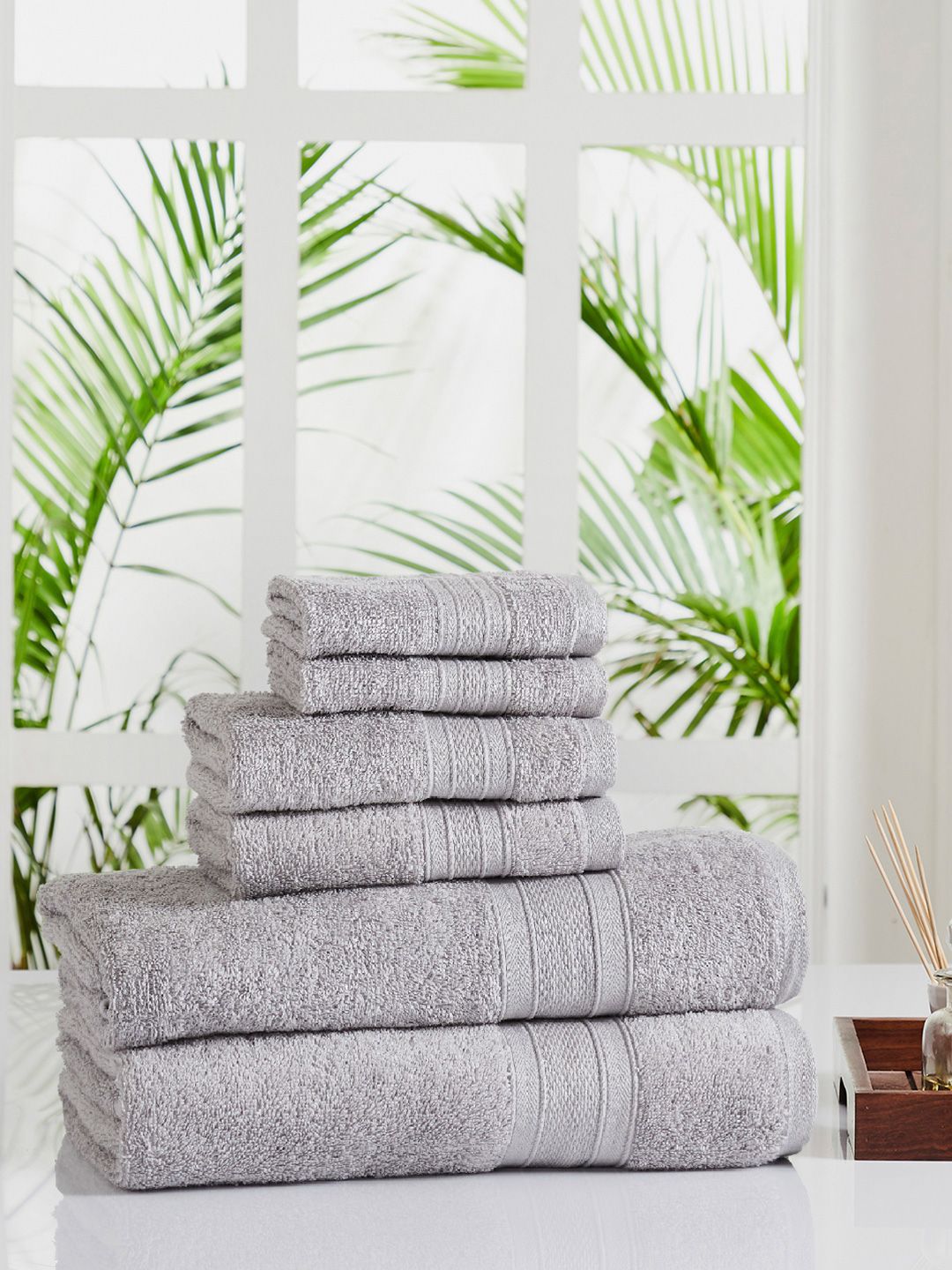 Trident Unisex Set Of 6 Grey Solid Sustainable 500 GSM Towel Set Price in India