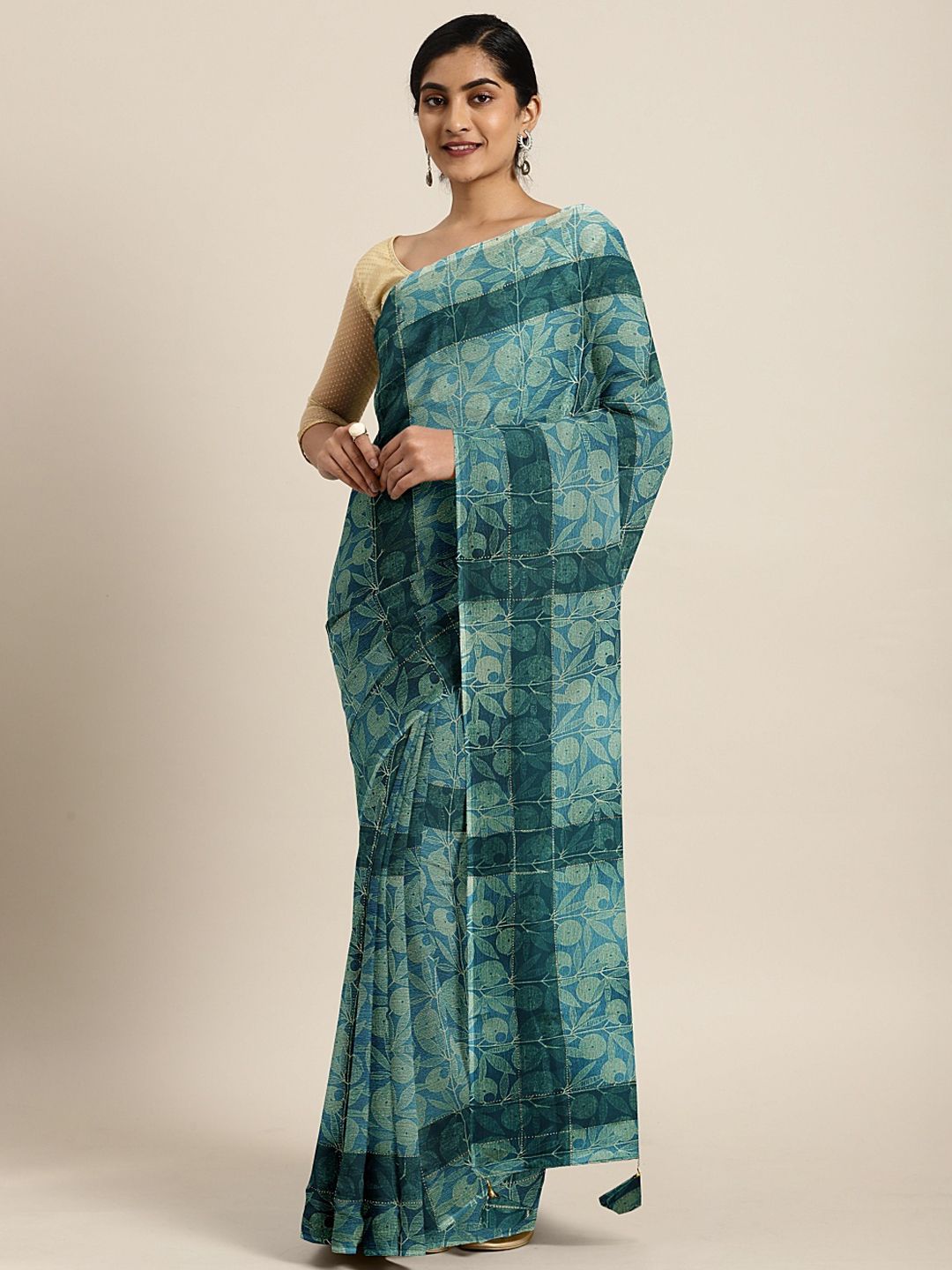 Triveni Teal Blue & Grey Pure Georgette Printed Saree