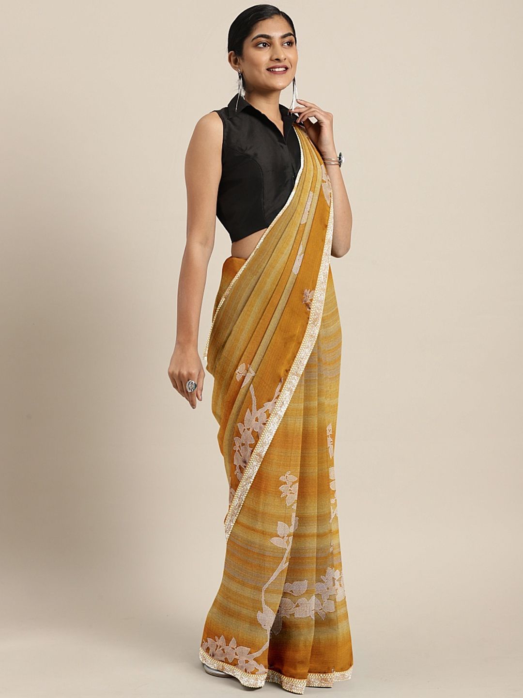 Triveni Mustard Yellow & White Pure Chiffon Printed Saree