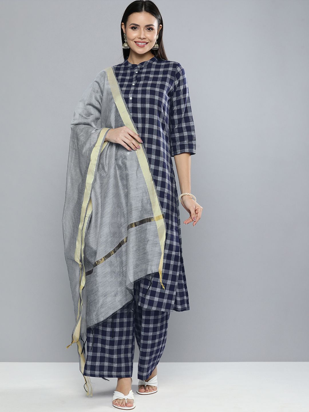 Vishudh Women Navy Blue & Off-White Checked Kurta with Palazzos & Dupatta Price in India