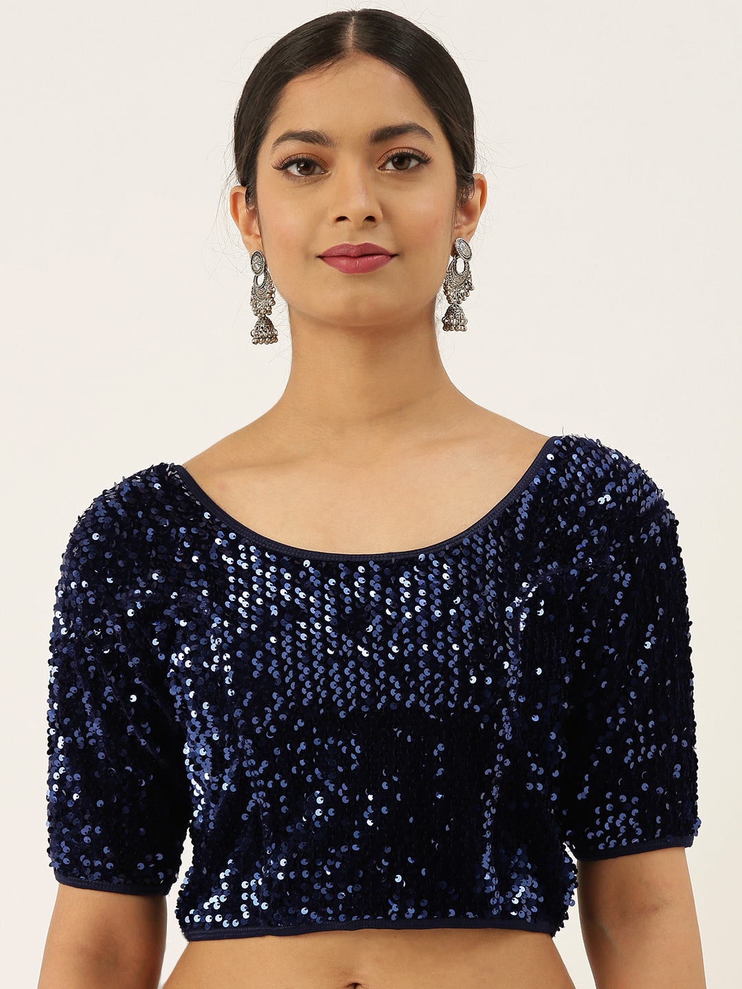 VASTRANAND Women Navy Blue Stretchable Embellished Sequence Velvet Saree Blouse Price in India