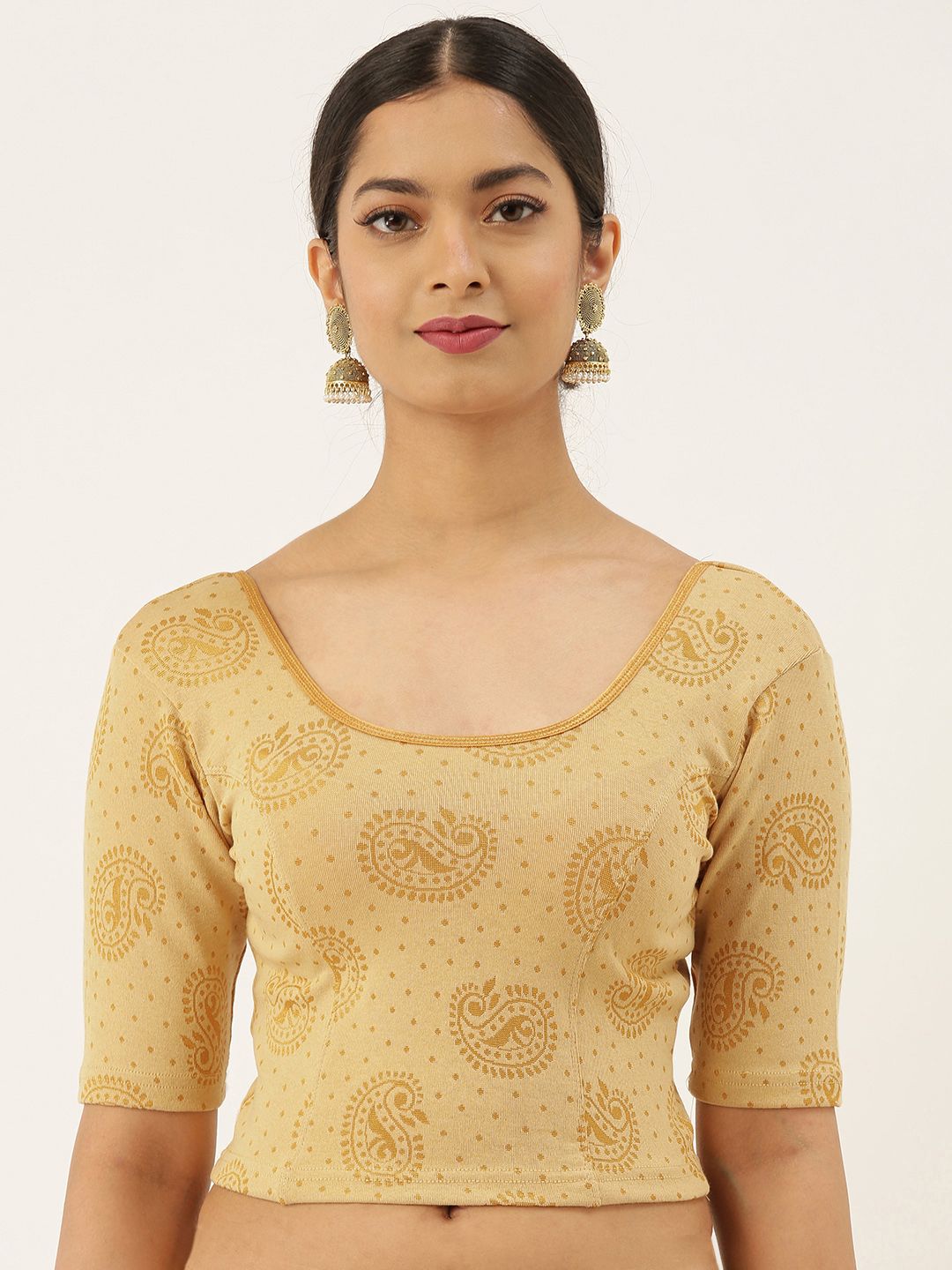 VASTRANAND Women Beige & Golden Woven design Stretchable Saree Blouse Price in India