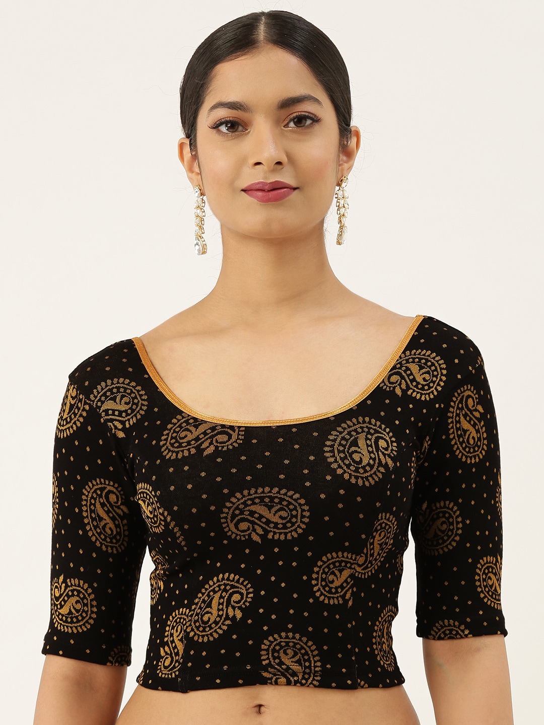 VASTRANAND Women's Black and Orange Printed Stretchable Blouse Price in India