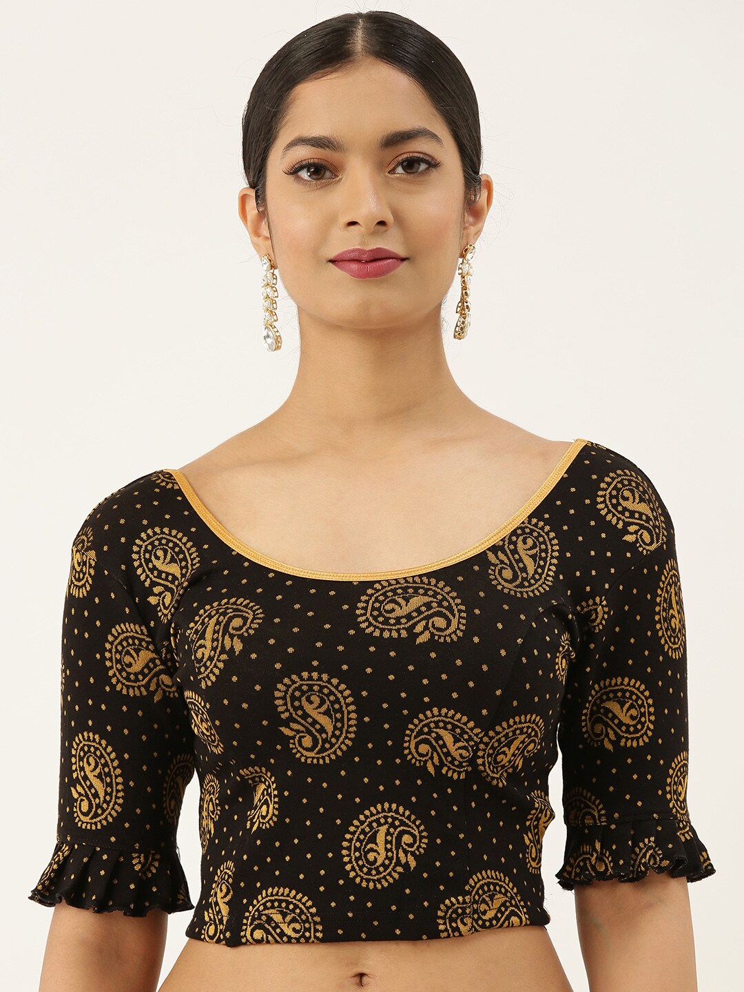 VASTRANAND Women Black & Gold-Coloured Foil Printed Stretchable Blouse Price in India