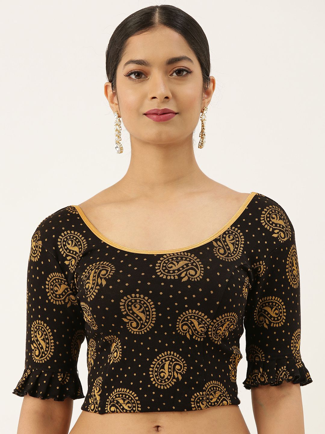 VASTRANAND Women Black & Gold-Coloured Foil Printed Stretchable Blouse Price in India