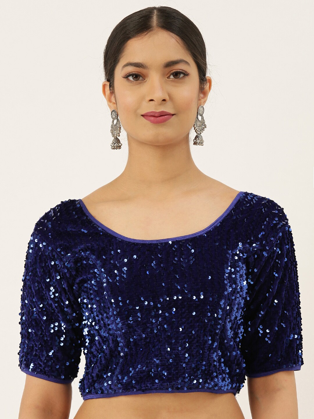 VASTRANAND Women Navy Blue Embellished Sequence Stretchable Velvet Saree Blouse Price in India