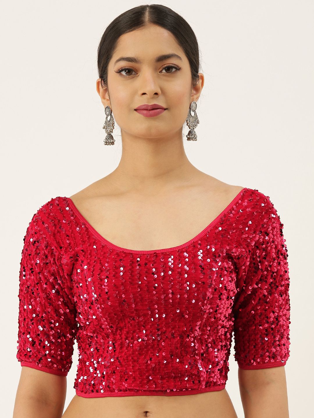 VASTRANAND Women Red Solid Stretchable Sequence Saree Blouse Price in India