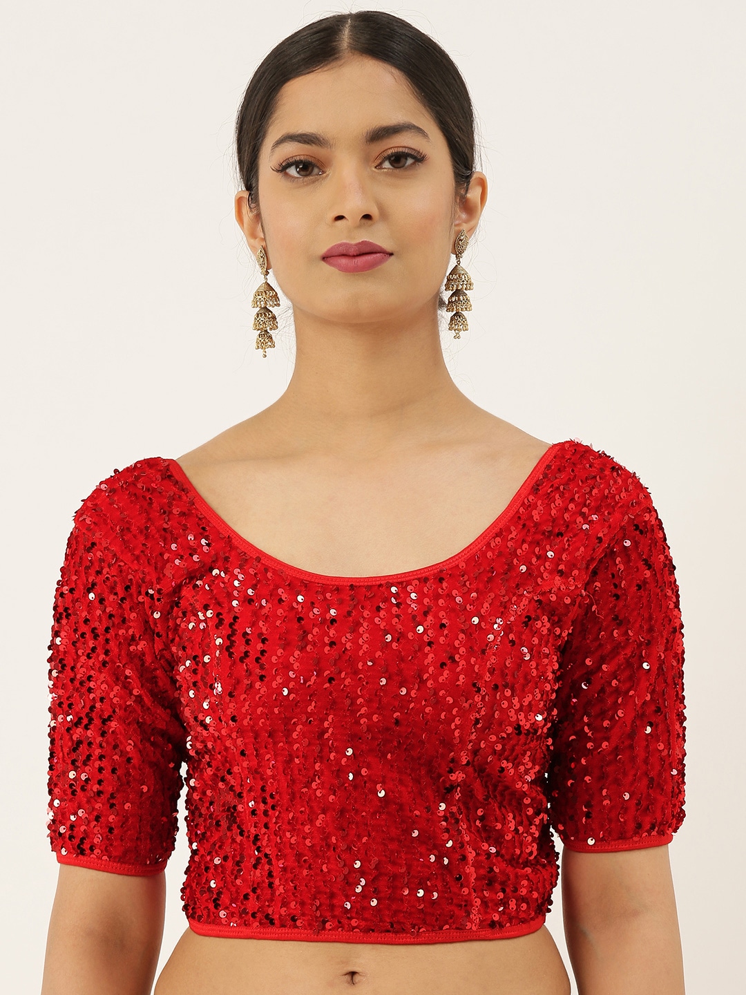 VASTRANAND Women Red-Coloured Solid Stretchable Embellished  Sequence Saree Blouse Price in India