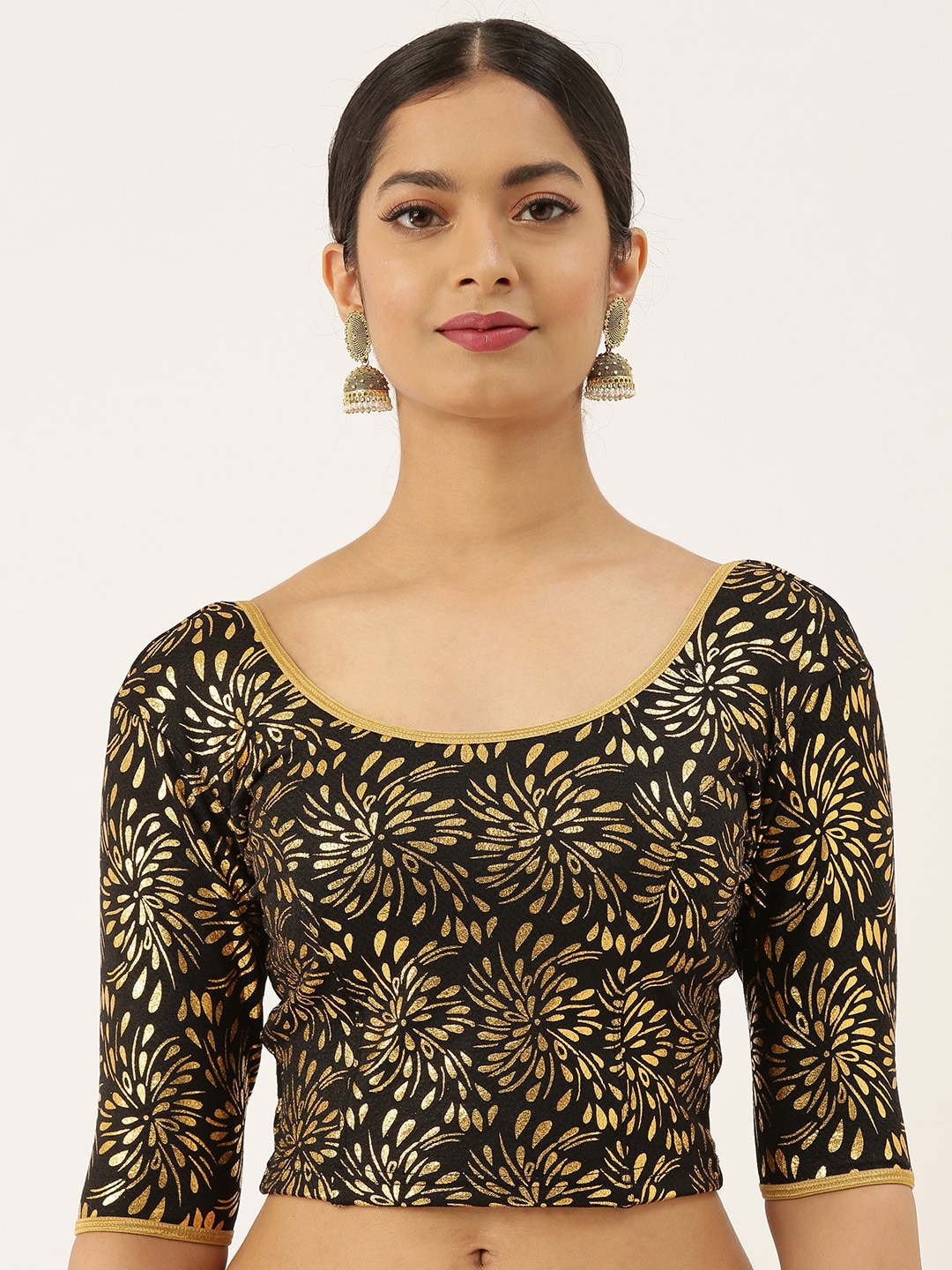 VASTRANAND Women Black & Gold-Coloured Foil Printed Stretchable Blouse Price in India