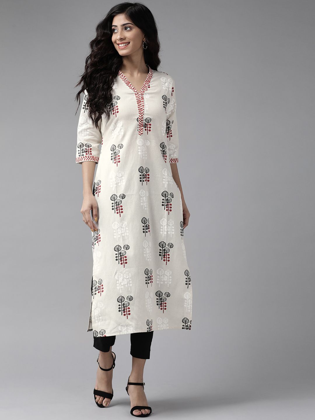 Ginni Arora Label Women Off White & Charcoal Grey Ethnic Motifs Printed Kurta