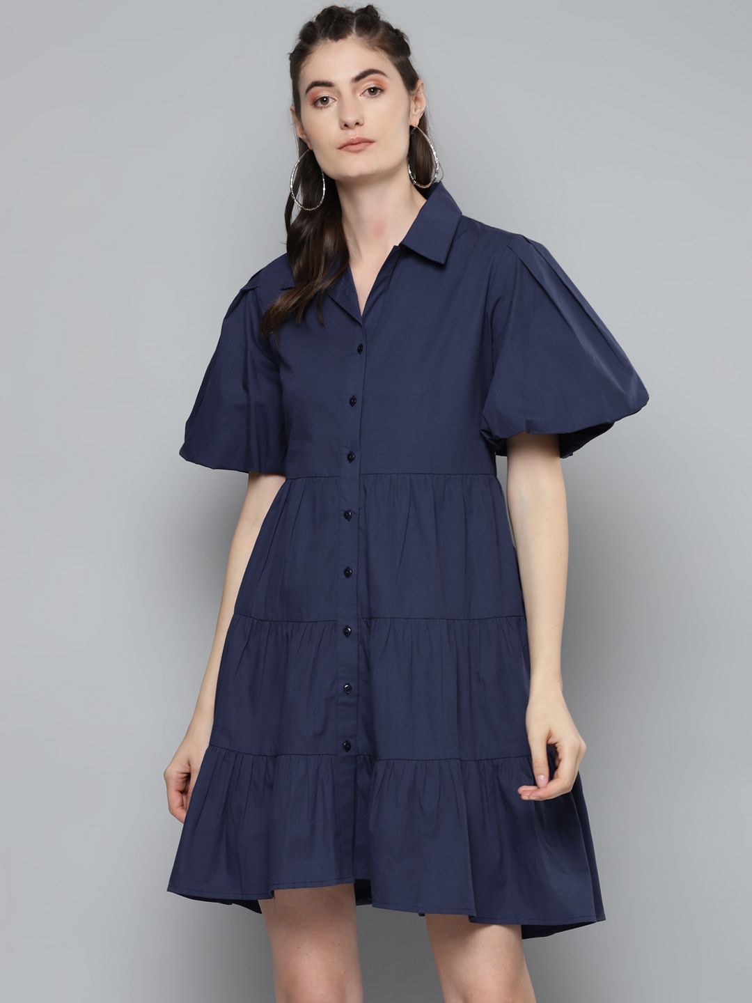 SASSAFRAS Women Navy Blue Solid Cotton Fit and Flare Tiered Dress Price in India