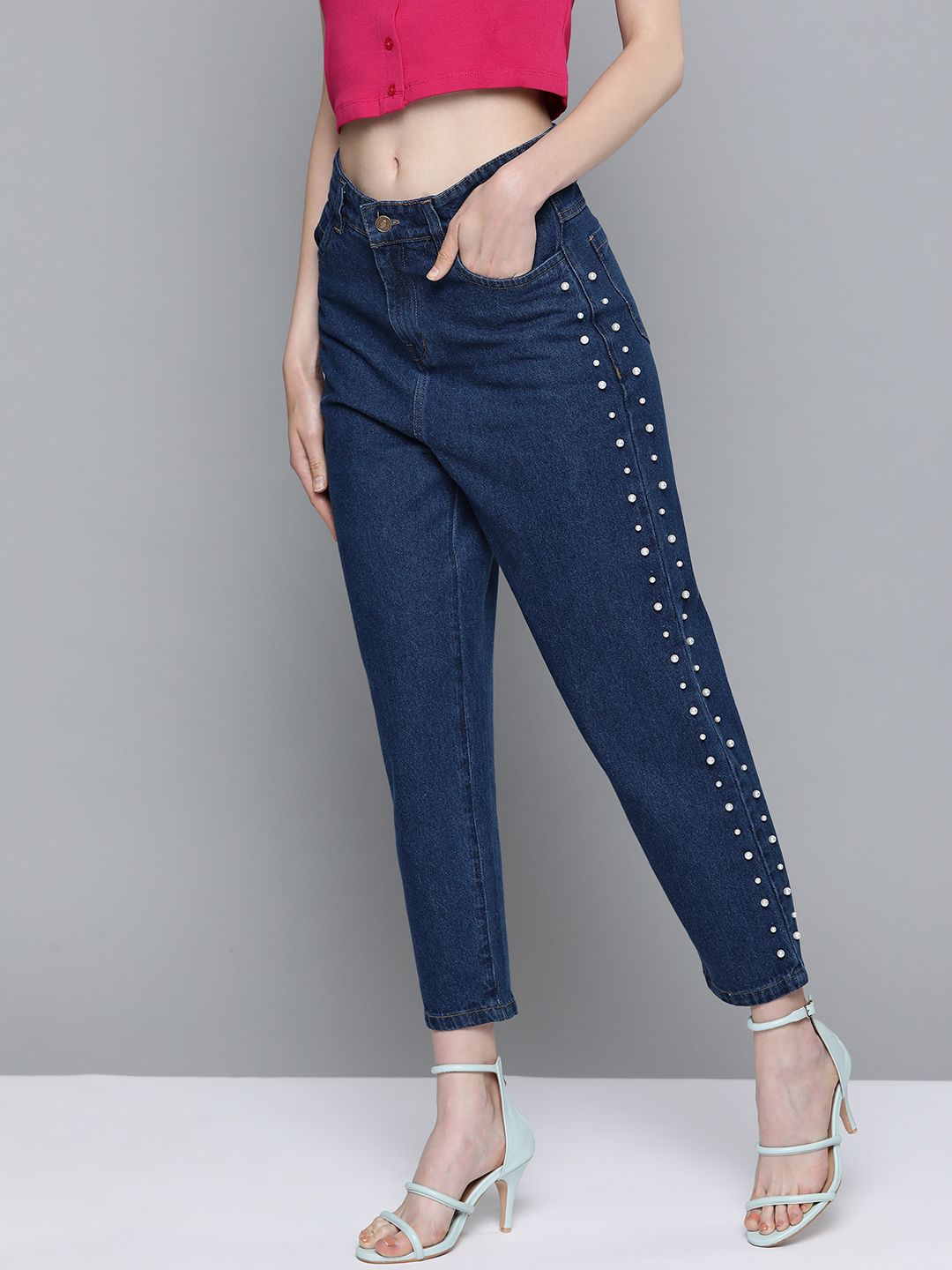 SASSAFRAS Women Navy Blue Pure Cotton Side Pearl Detail Clean Look Cropped Jeans Price in India