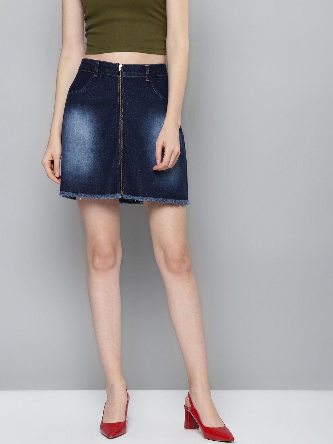 SASSAFRAS Women Navy Blue Pure Cotton Washed Denim A-Line Skirt