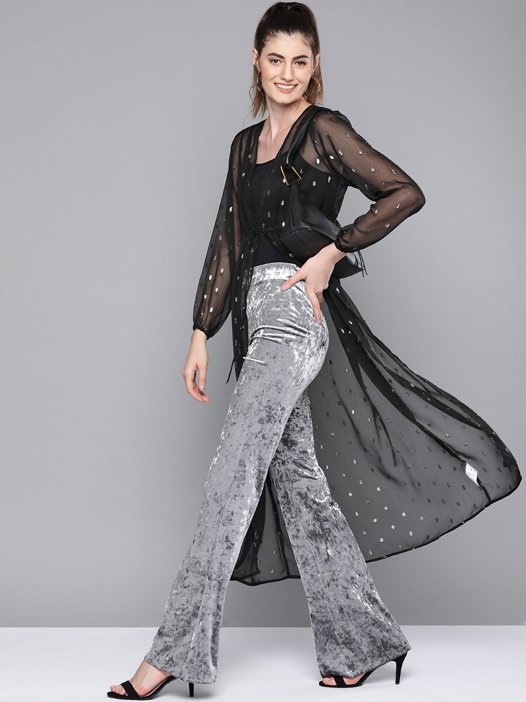 SASSAFRAS Women Black & Silver Self-Design Tie-Up Longline Shrug Price in India