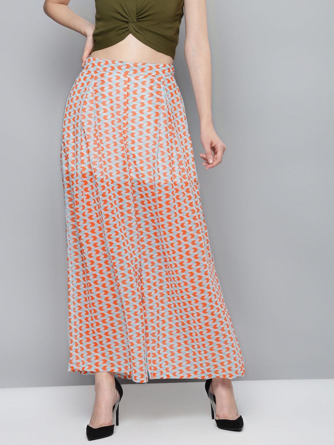 SASSAFRAS Women White & Orange Regular Fit Printed Parallel Trousers Price in India