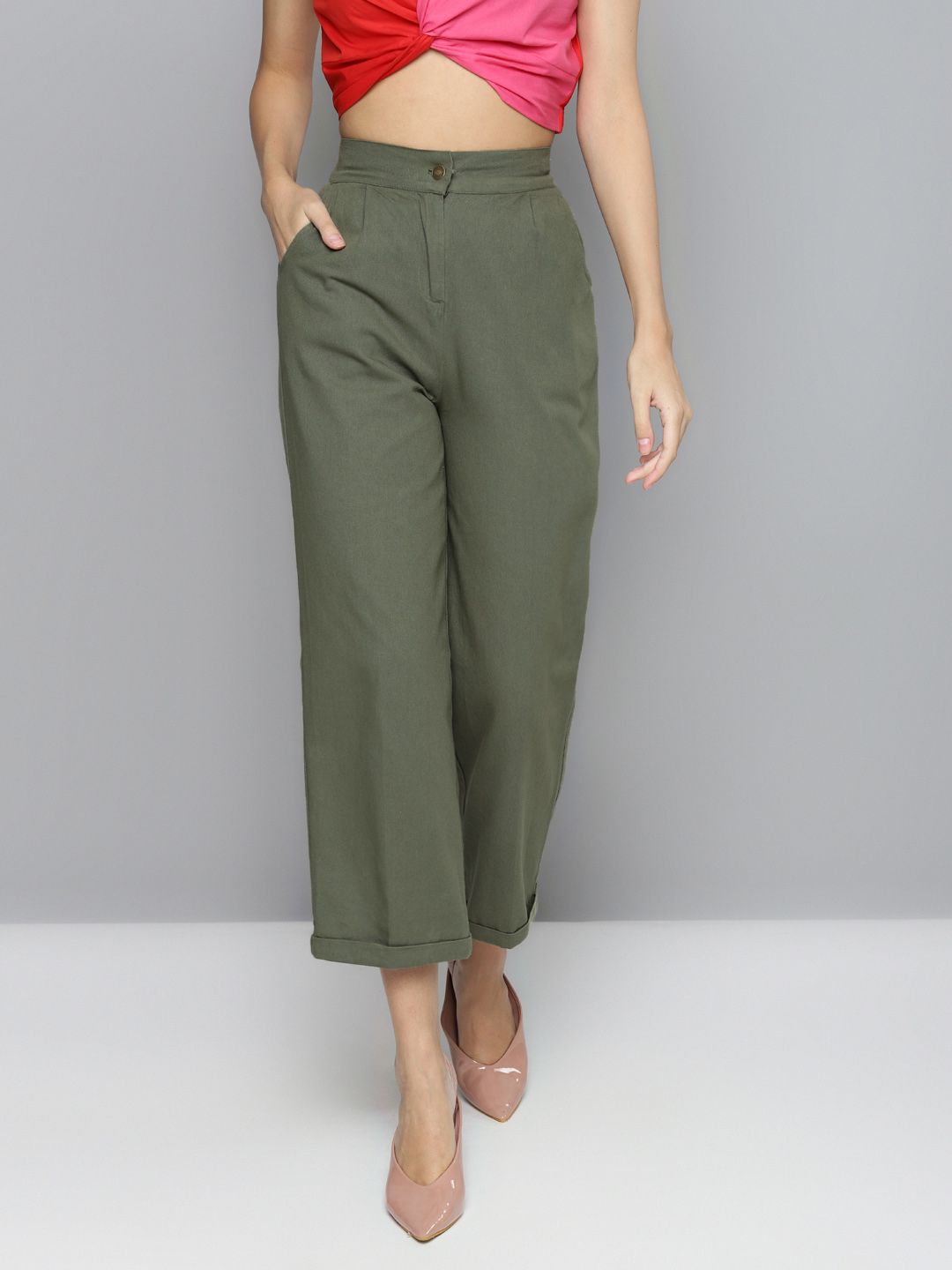 SASSAFRAS Women Olive Green Pure Cotton Straight Trousers Price in India