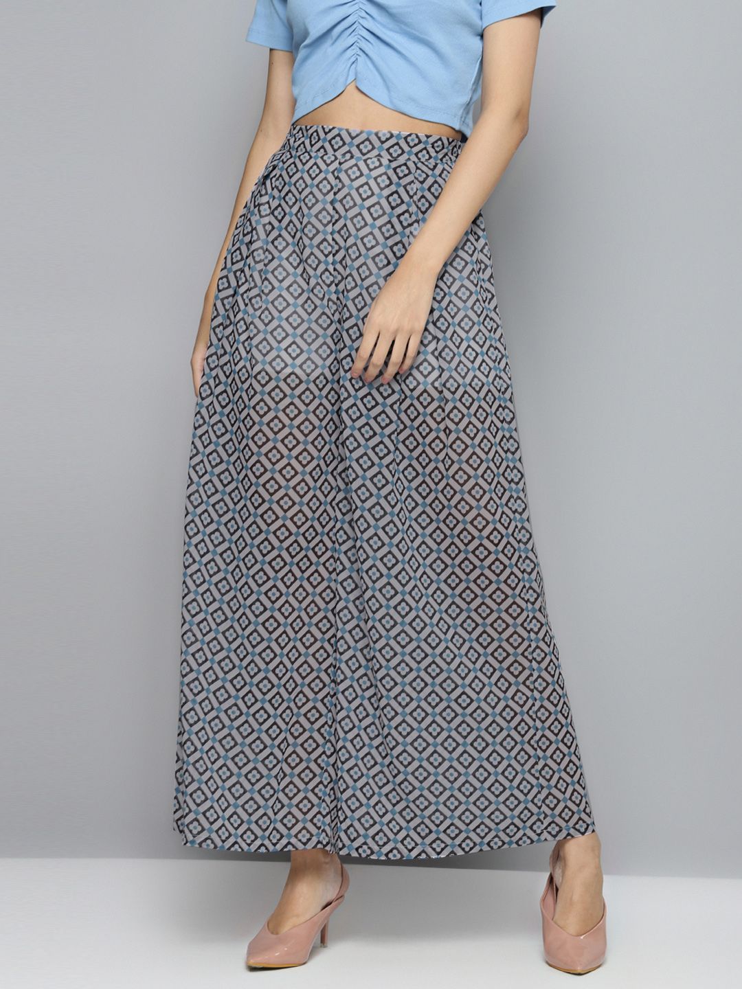 SASSAFRAS Women Off-White & Blue Sheer Printed Flared Trousers Price in India