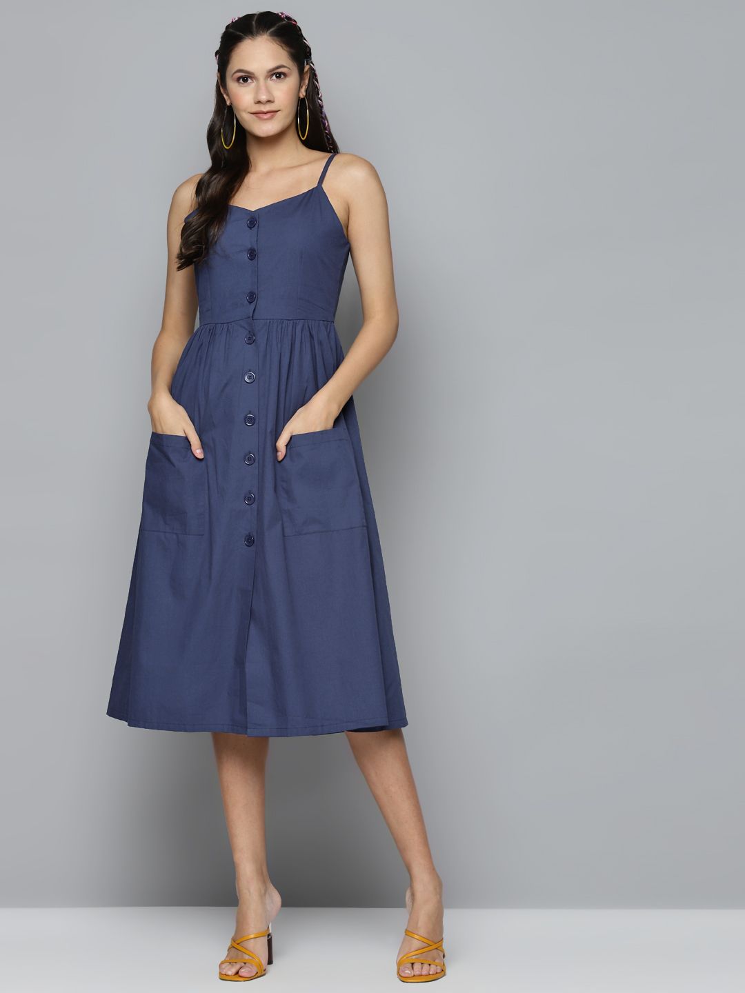 SASSAFRAS Women Navy Blue Solid Cotton Fit and Flare Dress Price in India