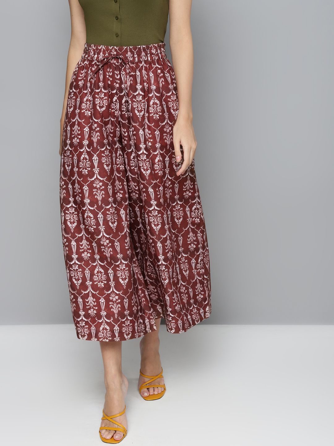 SASSAFRAS Women Maroon & Off-White Printed Flared Trousers Price in India