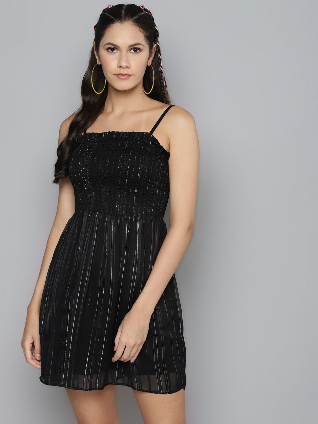 SASSAFRAS Black Self Striped Smocked Fit and Flare Dress Price in India