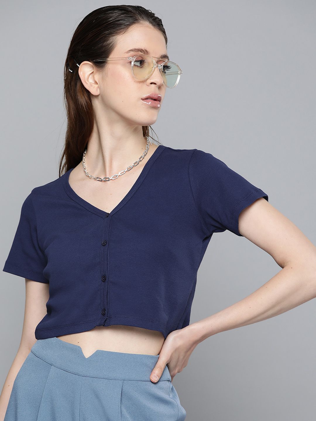 Sassafras Navy Blue Pure Cotton Regular Crop Top