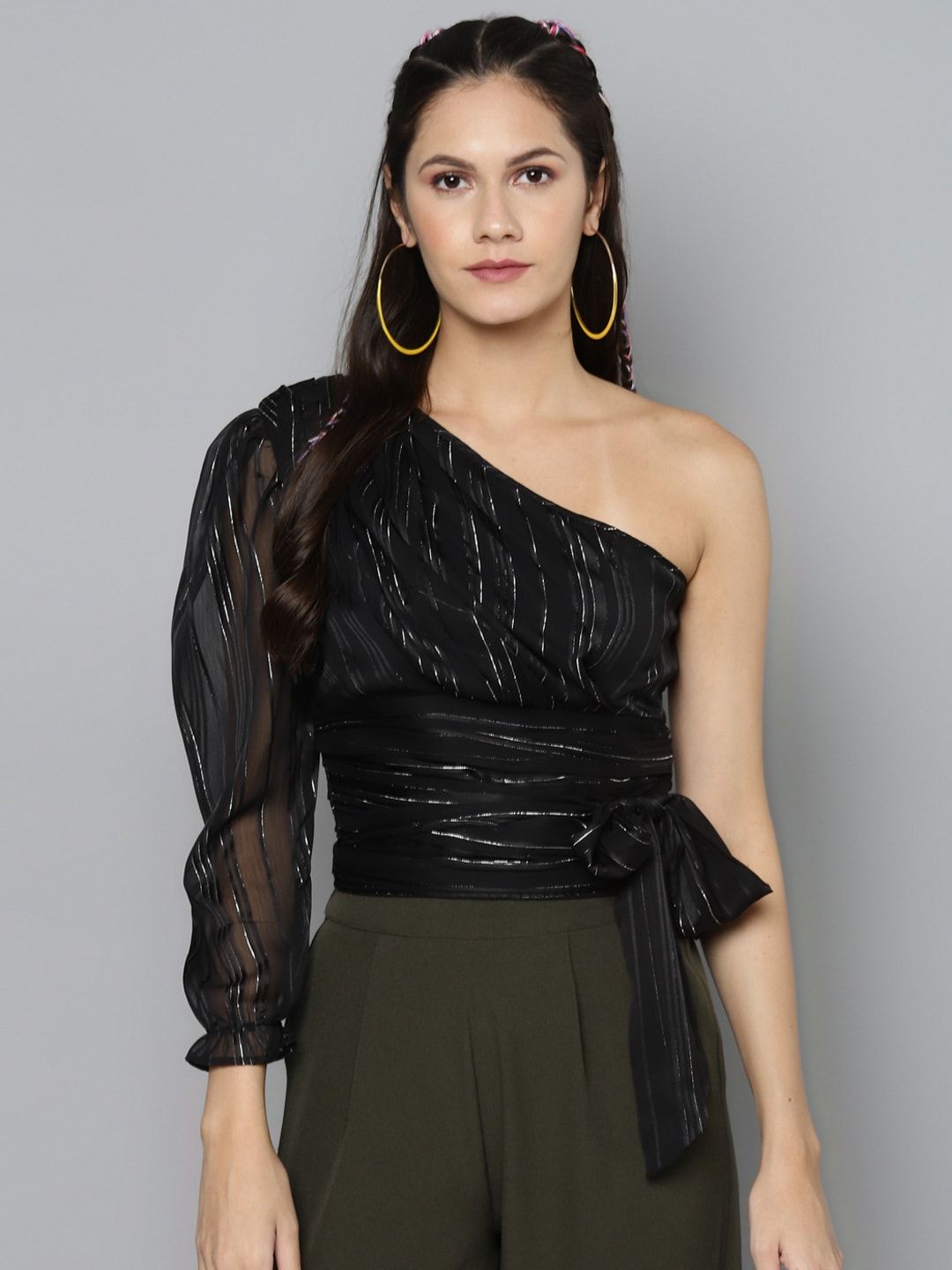 Sassafras Black & Silver Striped One Shoulder Puff Sleeves Cinched Waist Crop Top Price in India