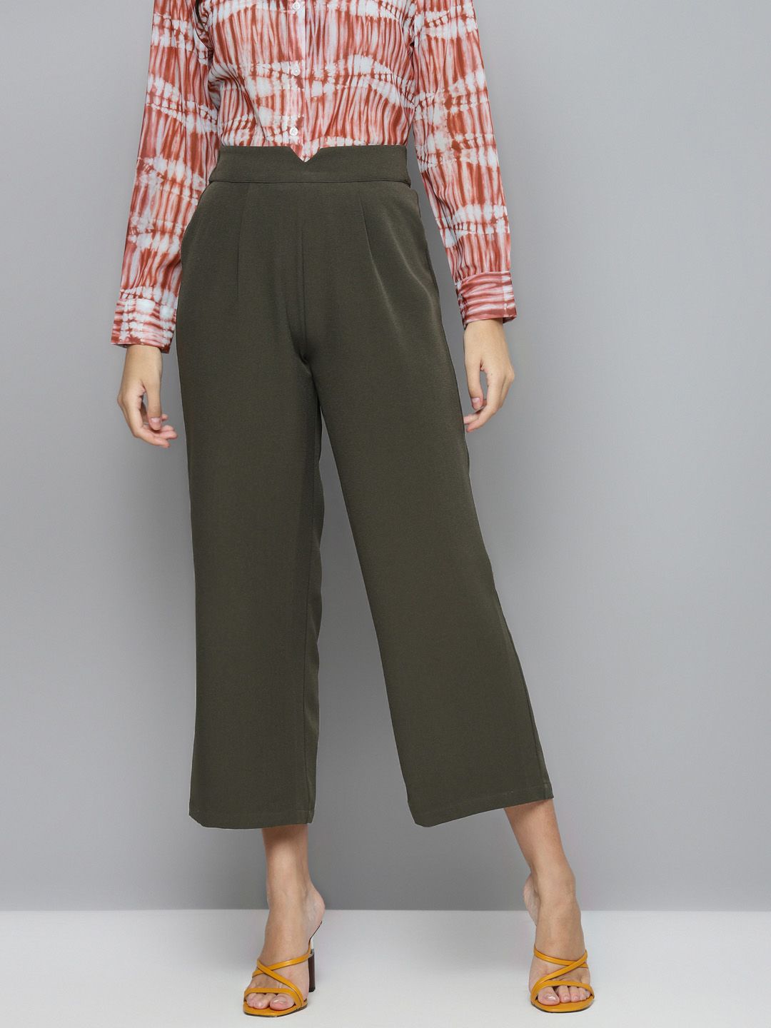 SASSAFRAS Women Olive Green Parallel Trousers Price in India