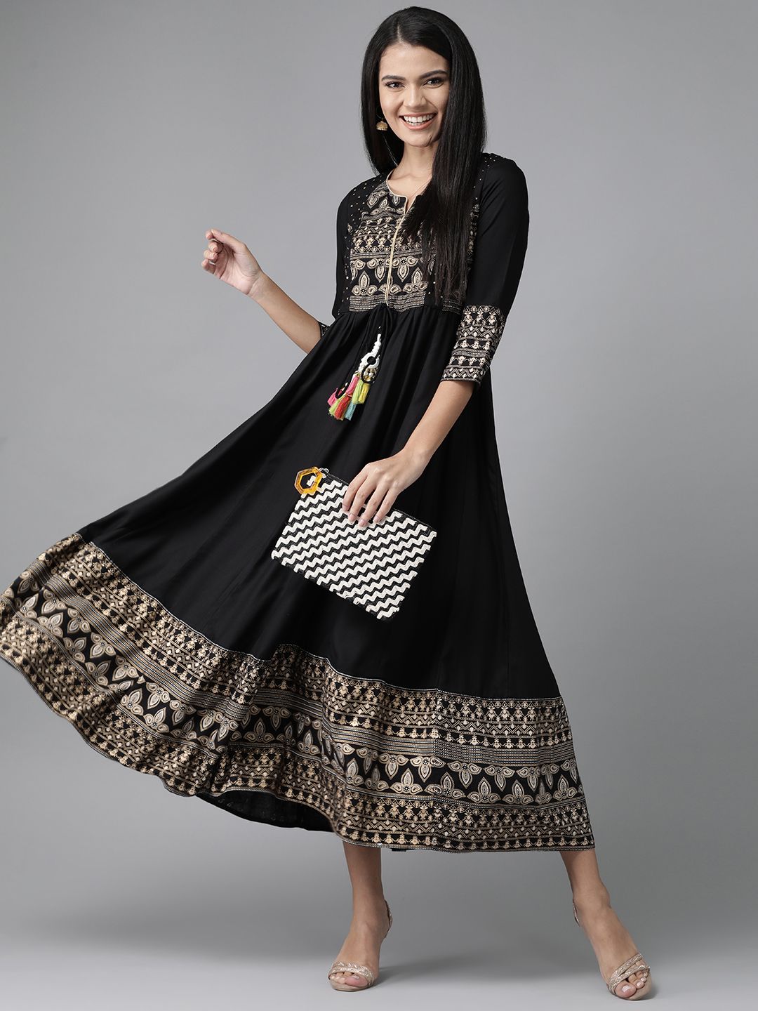 Rain & Rainbow Women Black & Golden Ethnic Motif Print Midi A-line Dress