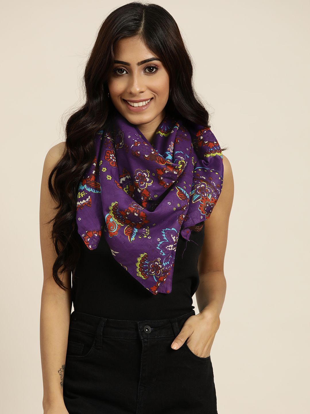 Sangria Women Purple & Yellow Pure Cotton Printed Scarf Price in India