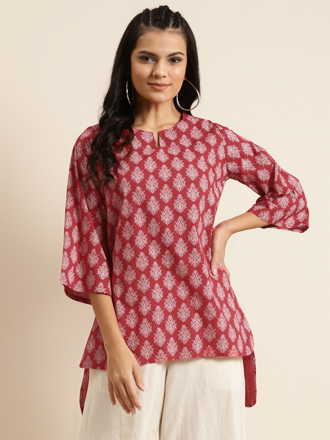 Shae by SASSAFRAS Red & Off-White Pure Cotton Printed High-Low Straight Kurti Price in India