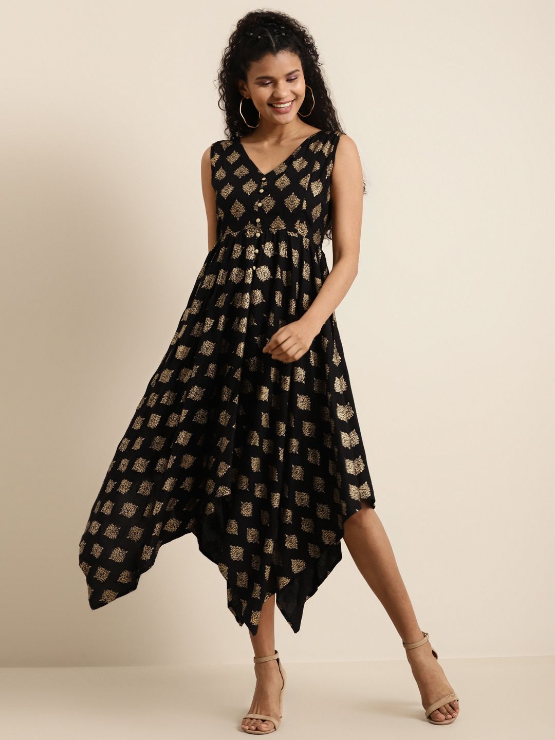 Shae by SASSAFRAS Women Black Ethnic Motifs Printed Liva A-Line Dress Price in India