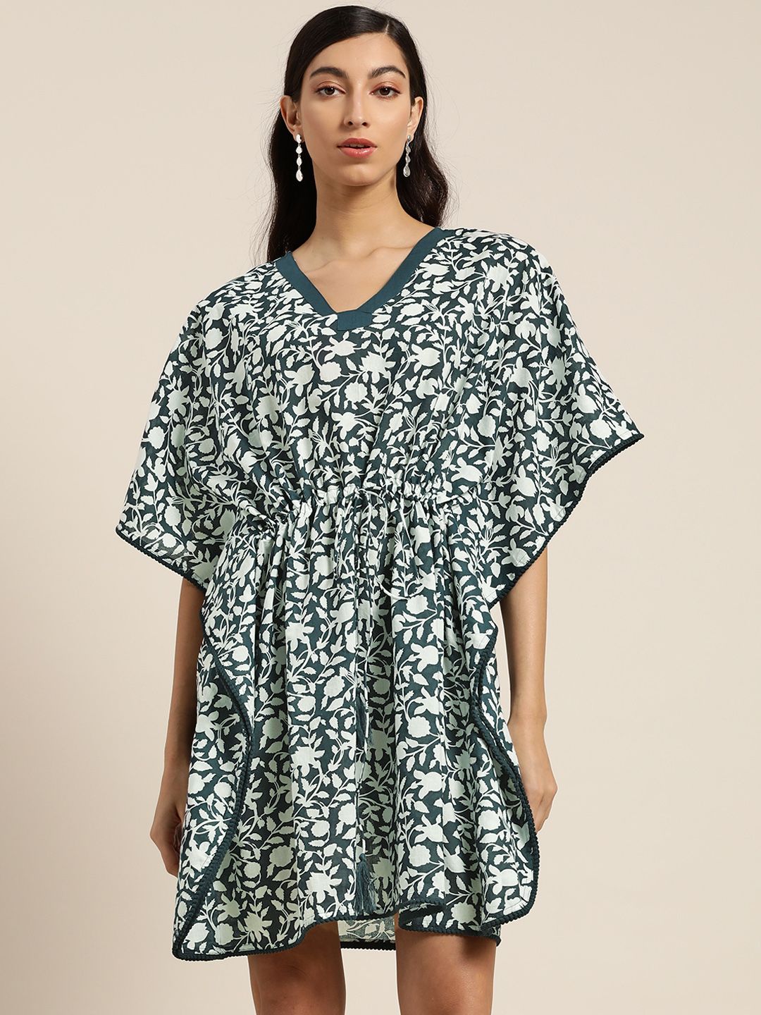 Shae by SASSAFRAS Women Navy Blue & White Printed Kaftan Dress Price in India