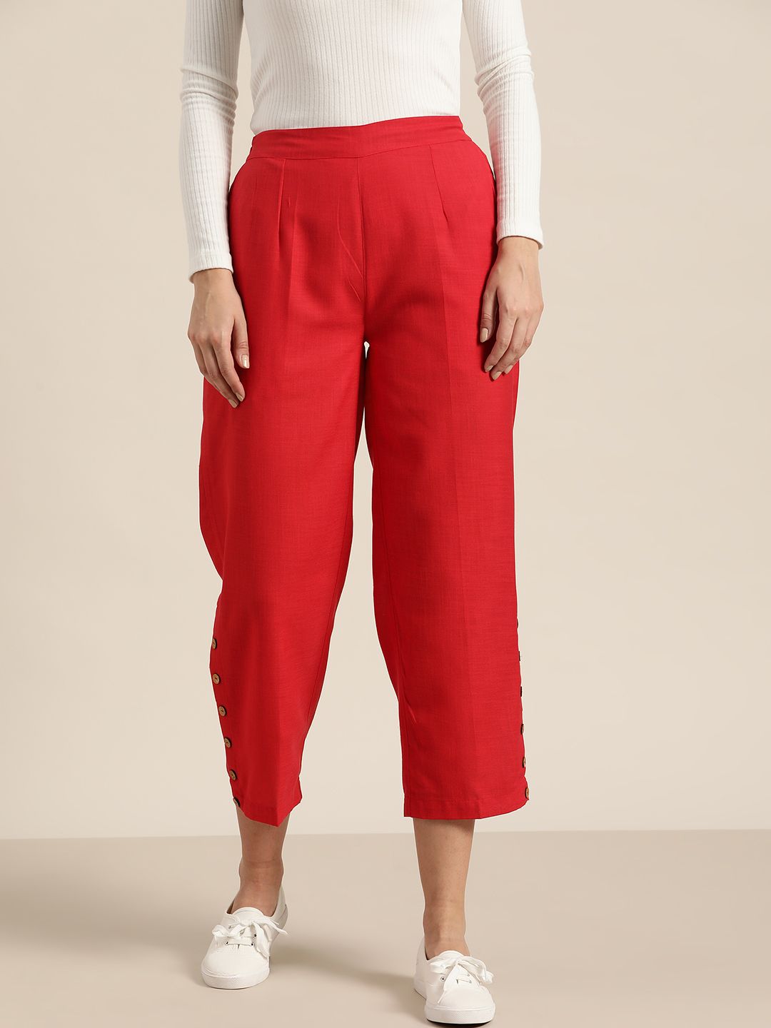 Shae by SASSAFRAS Women Red Regular Fit Solid Parallel Trousers Price in India