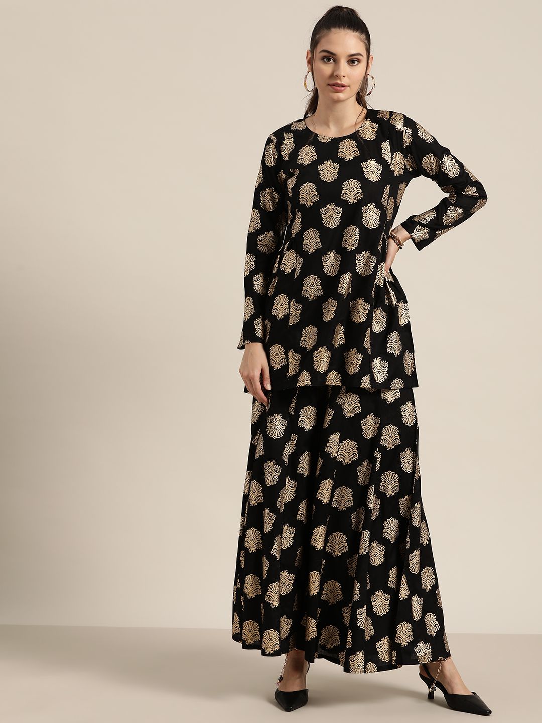 Shae by SASSAFRAS Women Black & Golden Liva Ethnic Motif Printed Tunic with Palazzos Price in India