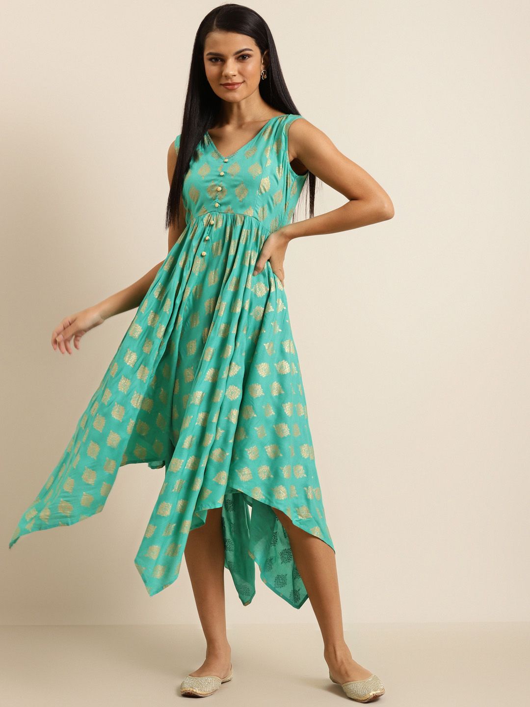 Shae by SASSAFRAS Women Green & Golden Ethnic Motif Printed A-Line Dress Price in India