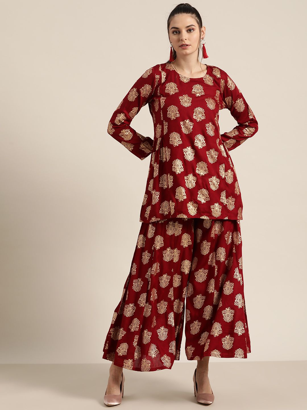 Shae by SASSAFRAS Women Maroon & Golden Liva Ethnic Motif Printed Tunic with Palazzos Price in India