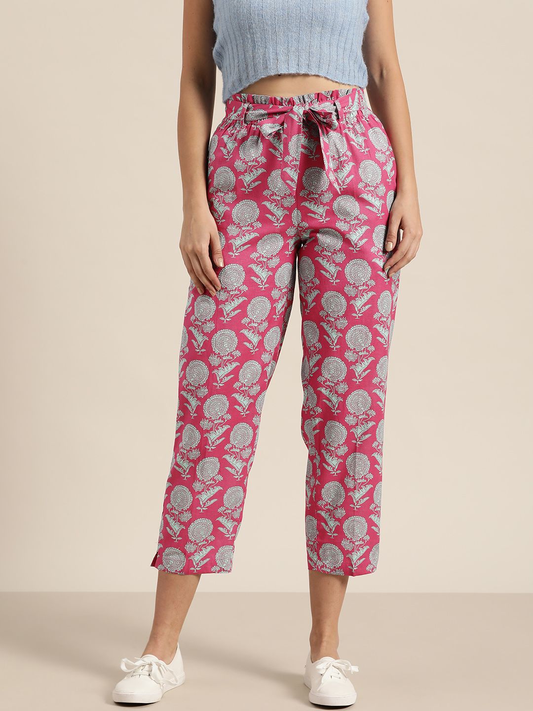 Shae by SASSAFRAS Women Pink & Blue Ethnic Motifs Printed Tapered Fit Cropped Trousers Price in India