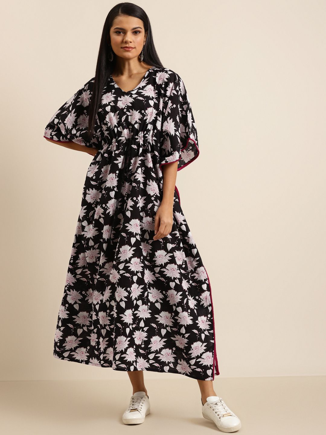 Shae by SASSAFRAS Women Black & White Pure Cotton Floral Printed A-Line Dress Price in India