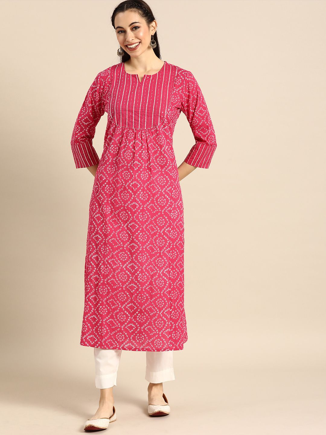 Varanga Women Pink & White Bandhani Printed Kurta Price in India