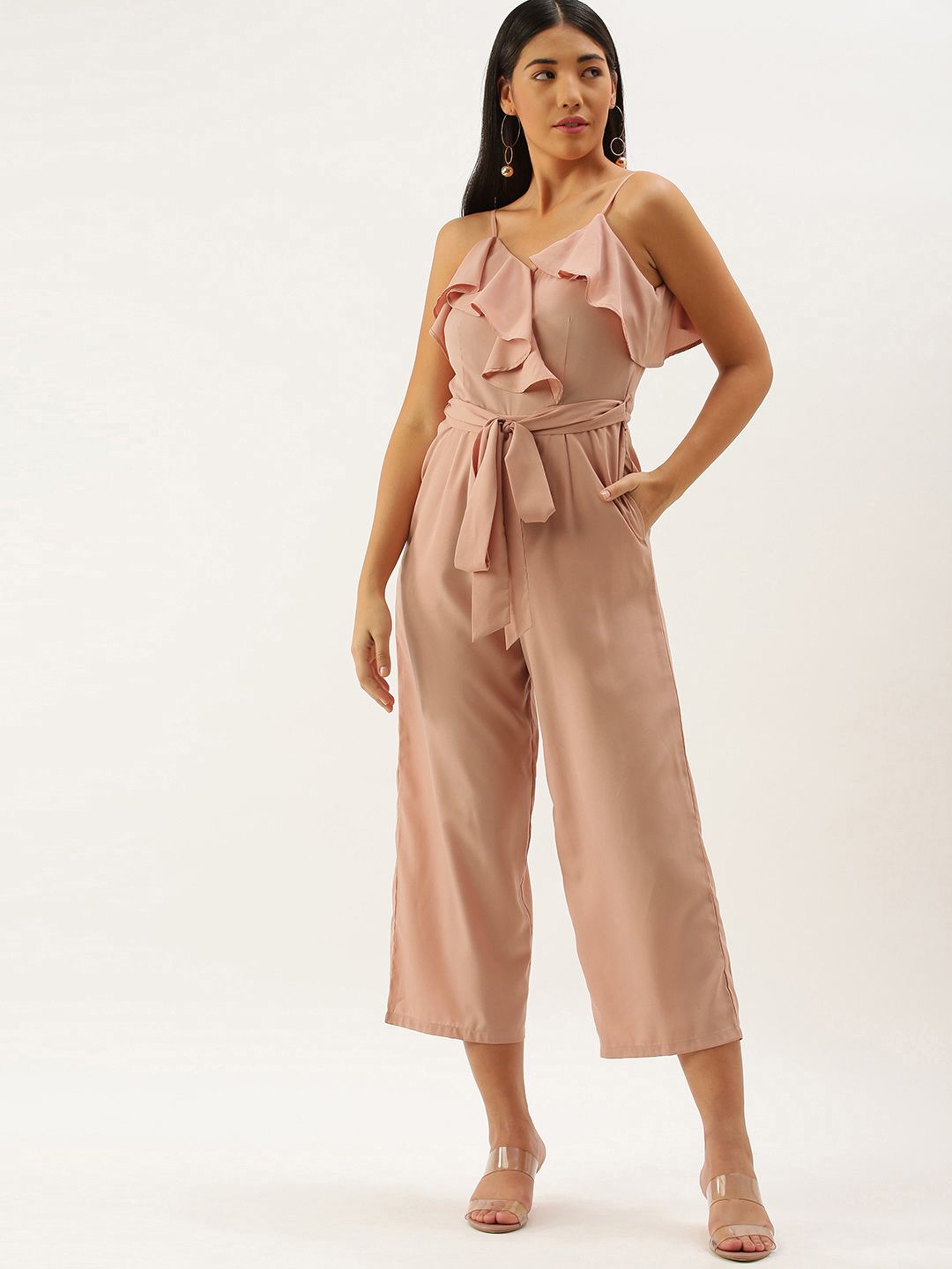 Berrylush Women Coral Pink Solid Ruffled Basic Jumpsuit Price in India