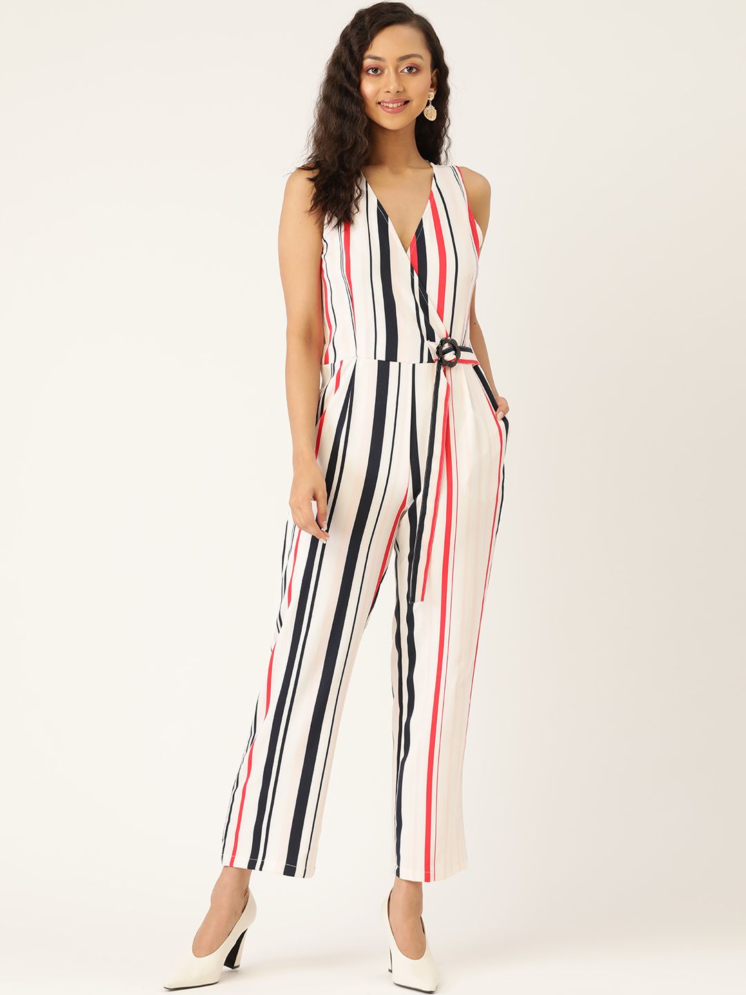 LABEL REGALIA Women White & Black Striped Wrap Basic Jumpsuit Price in India