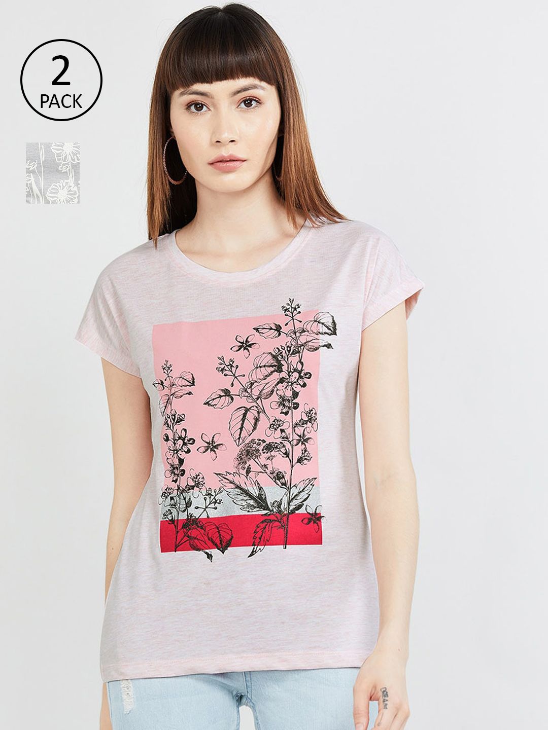 max Women Pink & Grey Set of 2 Printed Round Neck T-shirt