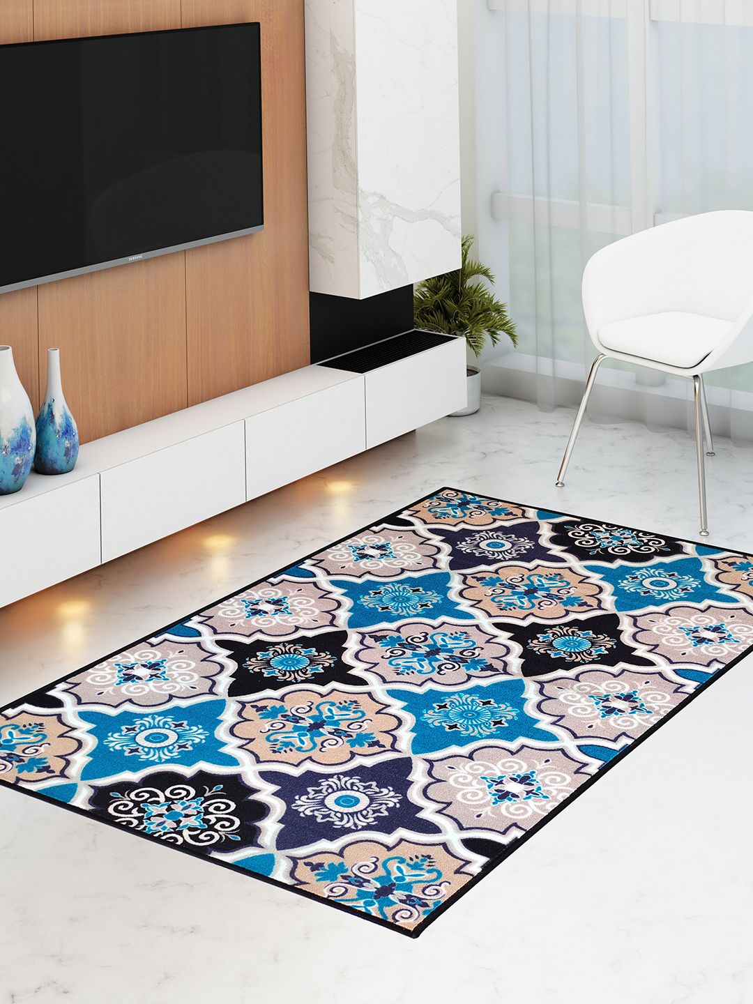 Athom Trendz Blue & Black Printed Anti-Skid Carpet Price in India