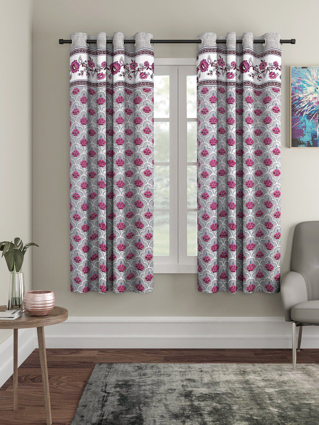 Rajasthan Decor Grey & Pink Set of 2 Curtains Price in India