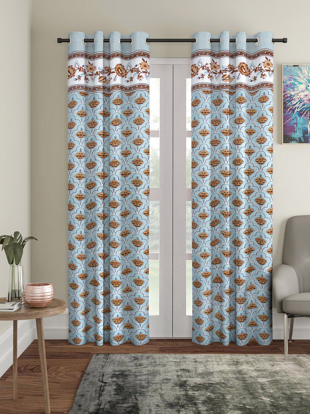 Rajasthan Decor Blue & Brown Set of 2 Printed Long Door Curtains Price in India