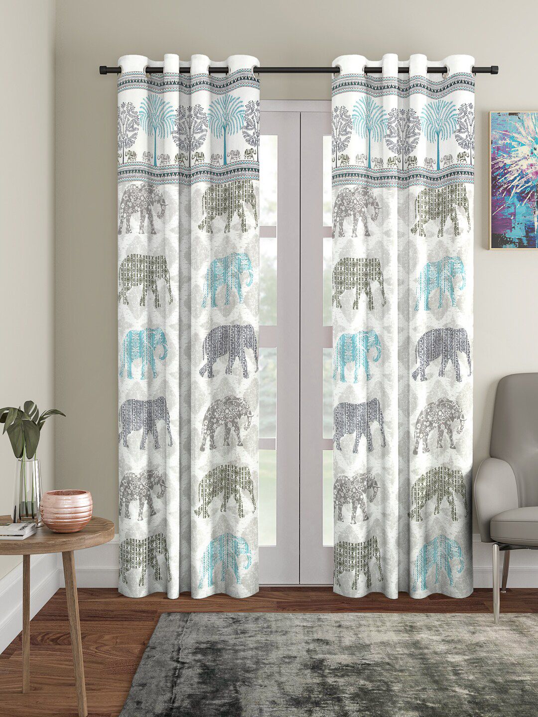 Rajasthan Decor White & Blue Set of 2 Door Curtain Price in India